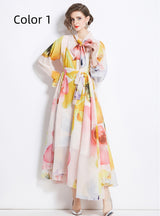 Retro Chiffon Printed Long-sleeved Big Swing Dress