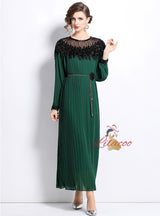 Heavy Industry Beaded Lantern Sleeve Pleated Dress