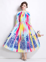 Nail Bead Printed Pleated Pearl Pleated Dress