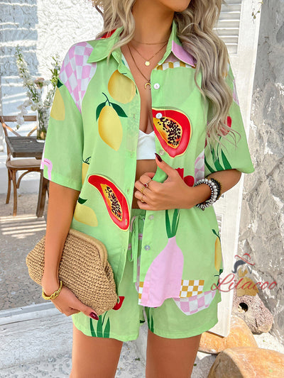 Bohemian Print Top Short Pants Suit