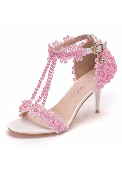 7 cm Thin Heel Beaded Lace Flower Wedding Shoes