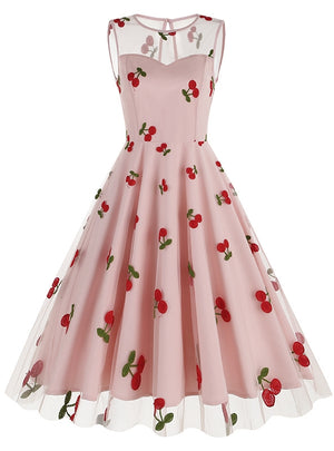 Cherry Round Neck Gauze Retro Dress