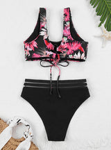 Printed Multi-color Split Sports Backless Swimsuit