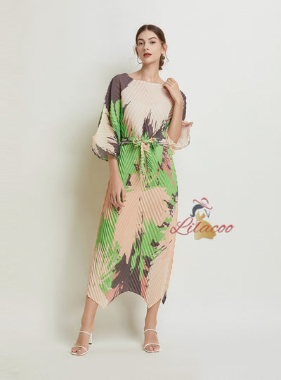 Folding Printed Silm Waist Dress