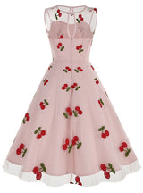 Cherry Round Neck Gauze Retro Dress