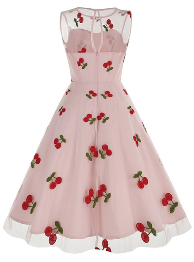 Cherry Round Neck Gauze Retro Dress