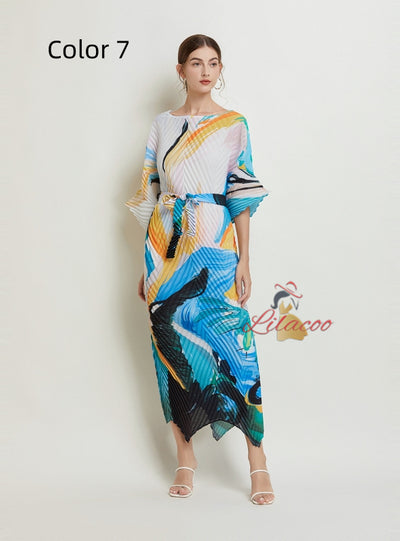 Folding Printed Silm Waist Dress