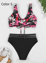 Printed Multi-color Split Sports Backless Swimsuit