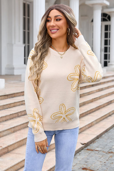 Flower Long Sleeve Round Neck Sweater