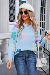 Flower Color Matching Round Neck Sweater