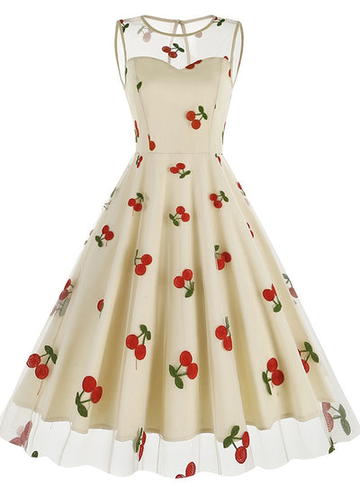 Cherry Round Neck Gauze Retro Dress