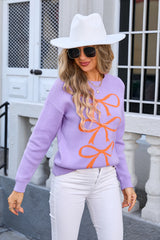 Colour Matching Bow Long Sleeve Sweater