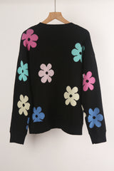 Flower Color Matching Round Neck Sweater