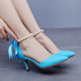 7 cm Thin Heel Rhinestone Beaded Ribbon Sandals