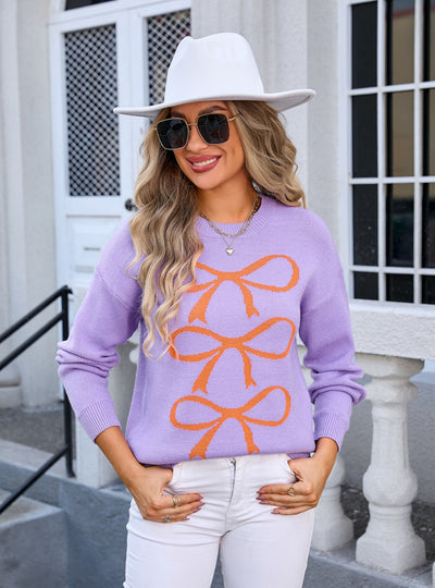 Colour Matching Bow Long Sleeve Sweater