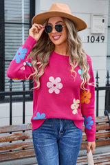 Flower Color Matching Round Neck Sweater