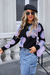 Printed Round Neck Big Flower Sweater