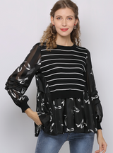 Round Neck Stitching Long Sleeve Striped Printed Shirt