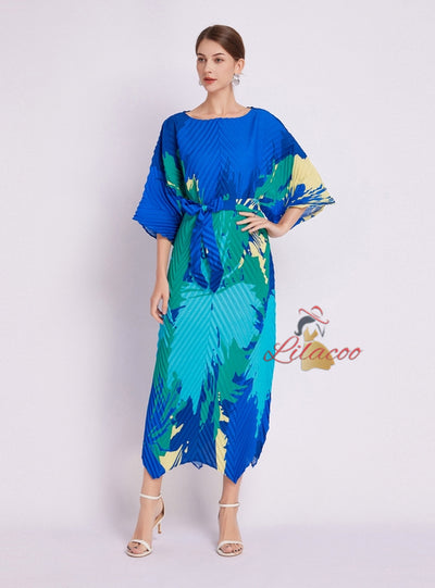 Folding Printed Silm Waist Dress