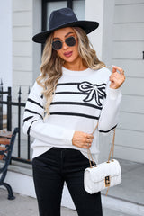 Striped Bow Round Neck Flower Knitted Sweater