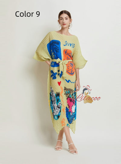 Folding Printed Silm Waist Dress