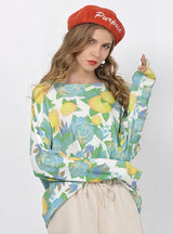 Rose Printed Round Neck Loose Sweater