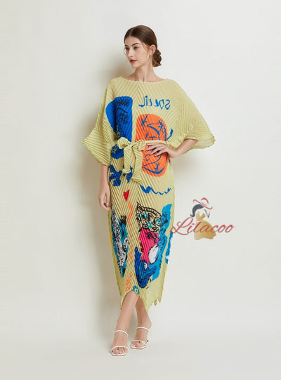 Folding Printed Silm Waist Dress