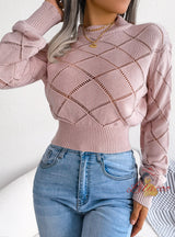 Hollow Plaid Long Sleeve Knitted Sweater