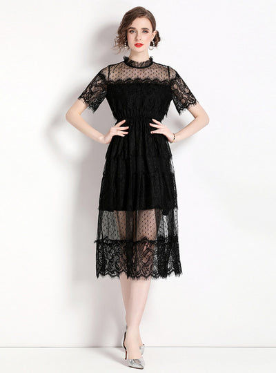 Mesh Stitching Long Lace Short Sleeve Dress