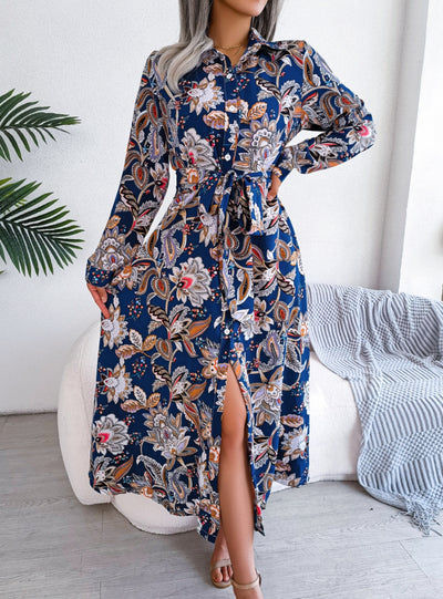 Retro Flower Lapel Lace-up Shirt Long Dress