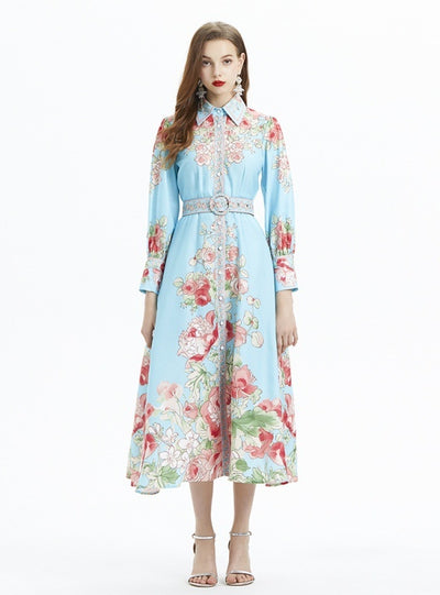 Flower Printed Long-sleeved Ruffled Dress