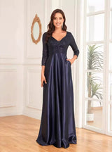 Navy Blue Sequins V-neck Prom Dress