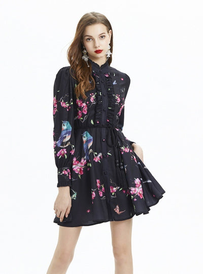 Printed Long-sleeved Ruffled Dress