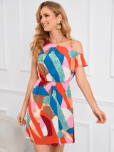 Color Single Diagonal Shoulder Print Dress