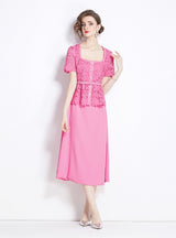 Pink Lace Fake Two-piece Short-sleeved Dress