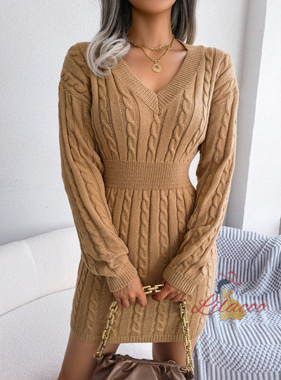 Fashion Silm Waist Twist Sweater Dress