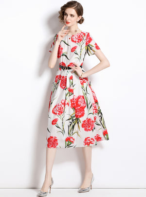 Retro Printed Round Neck Slim Short Sleeve Dress