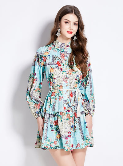 Printed Long-sleeved Retro Short Dress