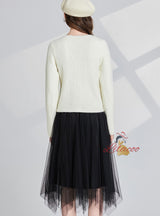 Hollow Bow Shiny Coat+Gauze Skirt Two-piece Set