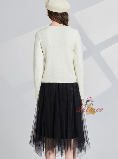 Hollow Bow Shiny Coat+Gauze Skirt Two-piece Set