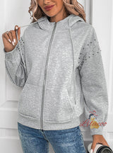 Solid Color Rivet Leisure Hooded Long Sleeve Jacket