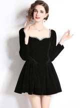 Square Neck Long-sleeved Crystal Velvet Dress