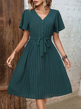 Pleated V-neck Short Sleeve Dress