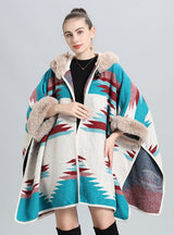 Loose Fur Collar Jacquard Knitted Shawl Cloak