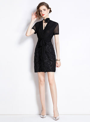 Black Sequined Stitching Slim Dress