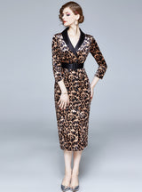 Leopard Long Sleeve Vintage Dress with Belt