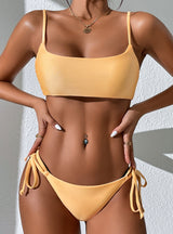 Solid Color Lace-up Split Swimsuit