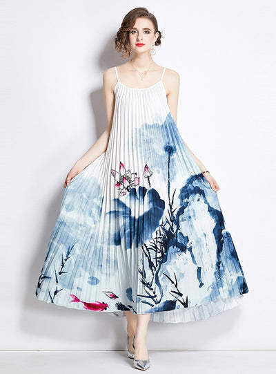 White Printed Sling Pleated Dress