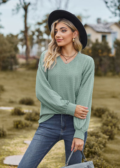 V-neck Loose Casual Long Sleeve T-shirt