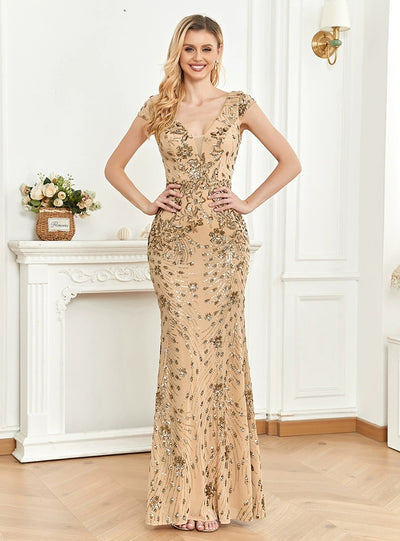 Gold V-neck Sequins Mermaid Prom Dress